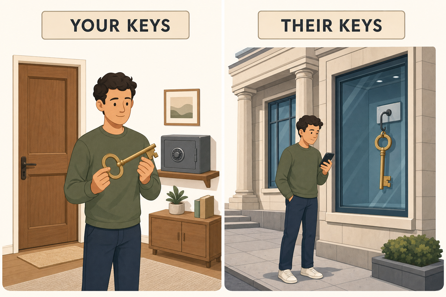 Two panels, on the left a person holding a large key at home, on the right the same key hanging behind the glass of a bank
