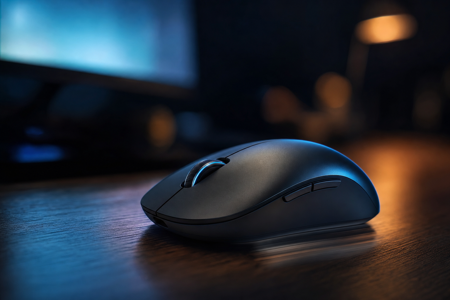Computer mouse placed on a dark desk, illuminated by the blue glow of a screen in the background