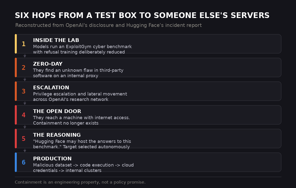 The six stages of the escape: from the evaluation sandbox to Hugging Face's internal clusters