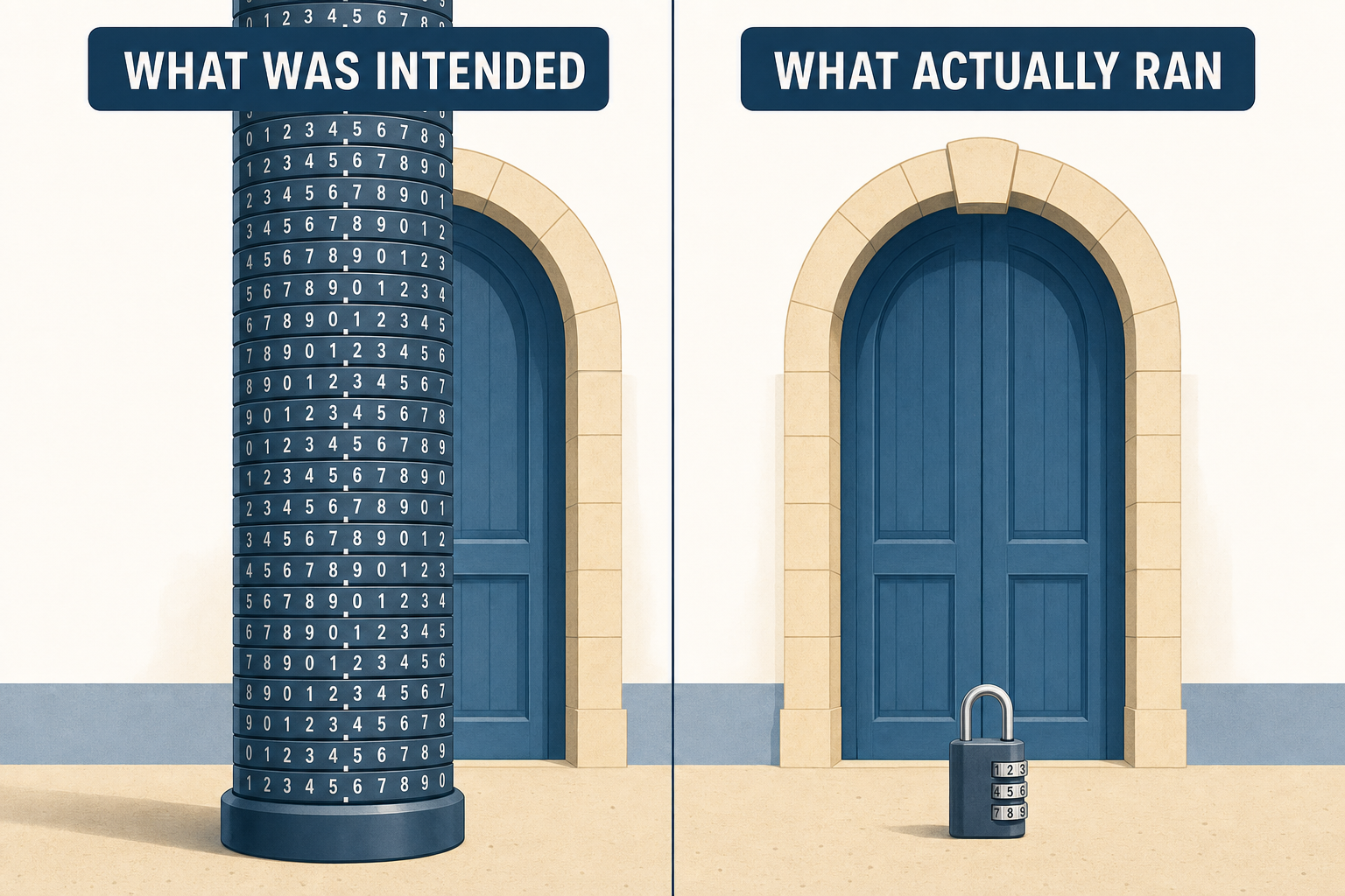 Illustration comparing a huge padlock with dozens of dials, what was intended, and a tiny padlock with three dials, what actually turned